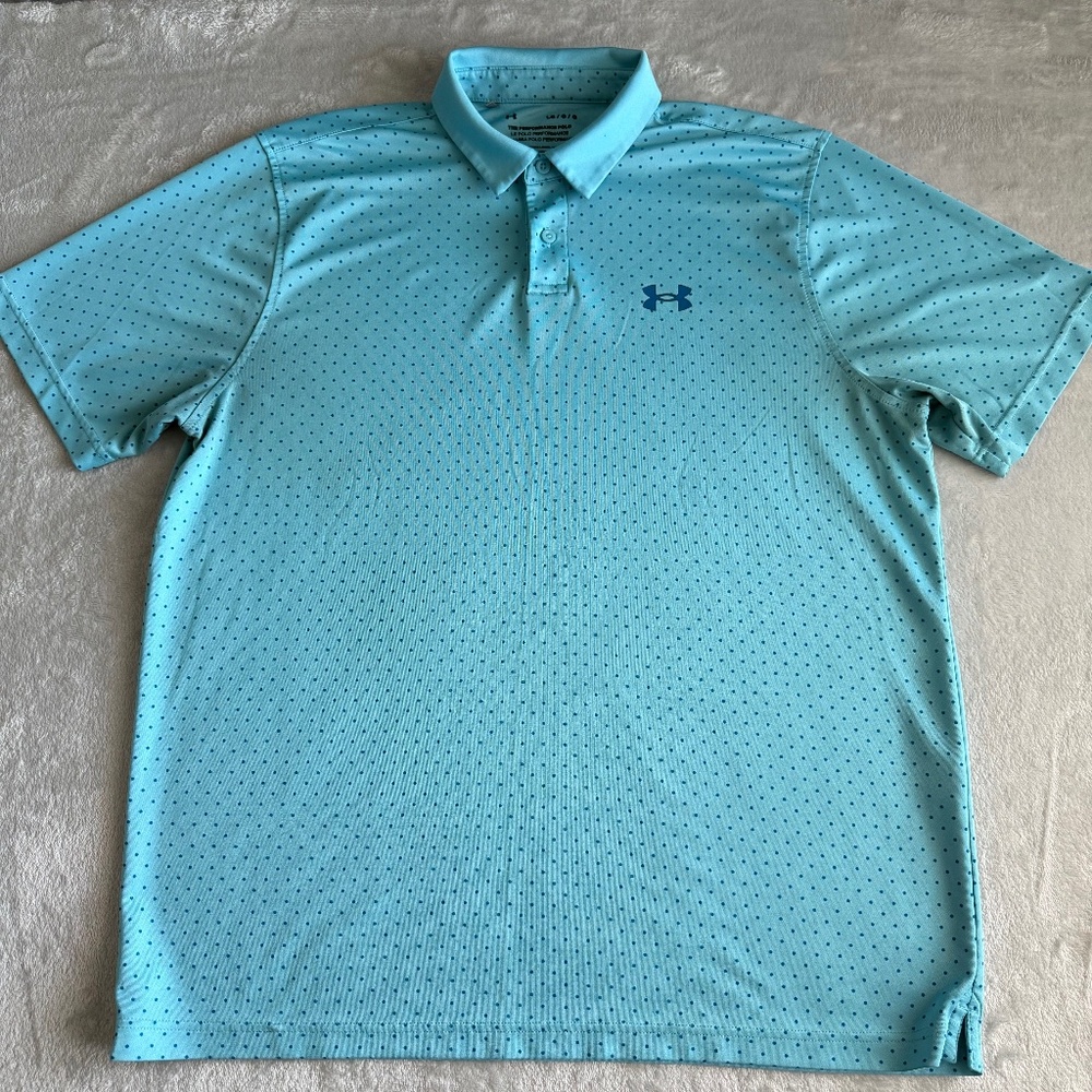 Under Armour Performance Polo Mens Golf Polo Size Large Teal Blue Polka Dot